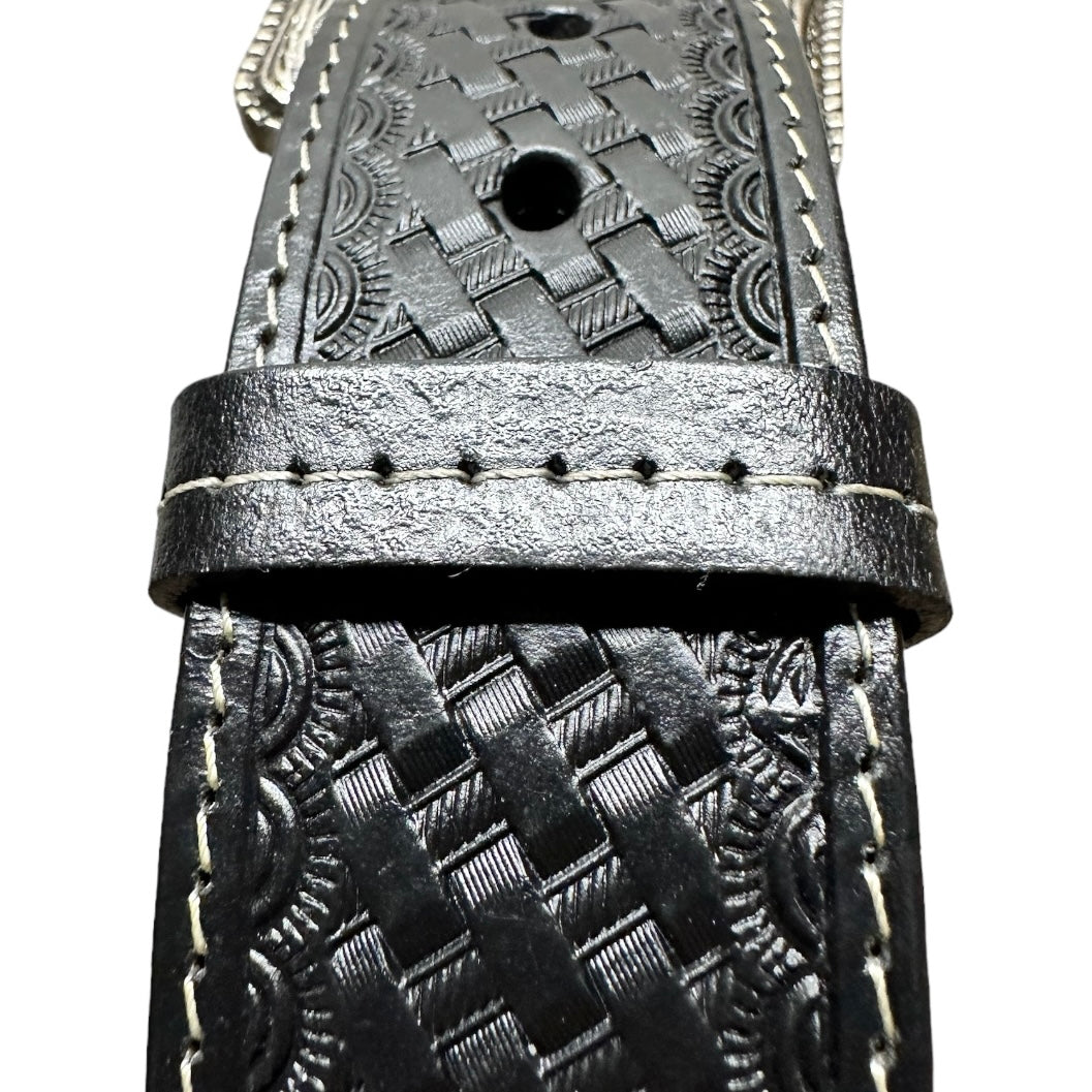 EZ Western Belt Genuine Leather Stitched Made in Mexico Weave Tooled Silver Engraved Buckle