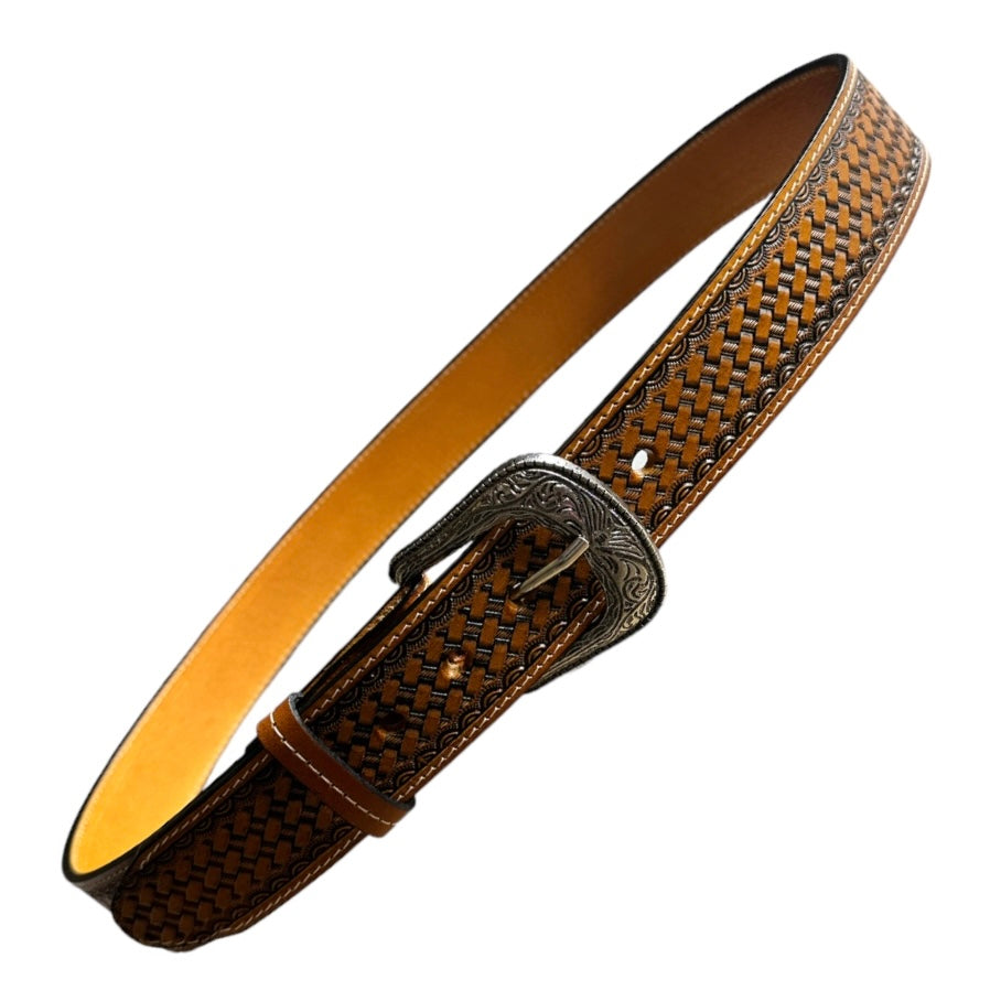 EZ Western Belt Genuine Leather Stitched Made in Mexico Weave Tooled Silver Engraved Buckle