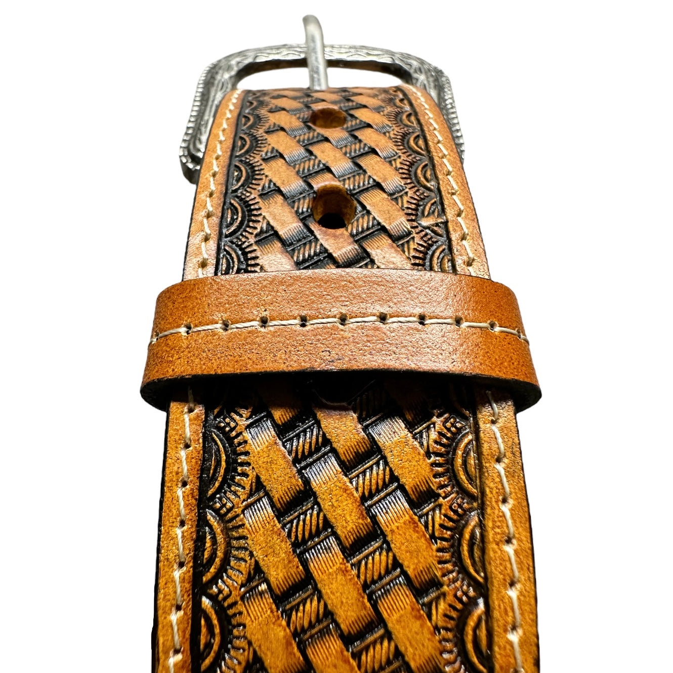 EZ Western Belt Genuine Leather Stitched Made in Mexico Weave Tooled Silver Engraved Buckle