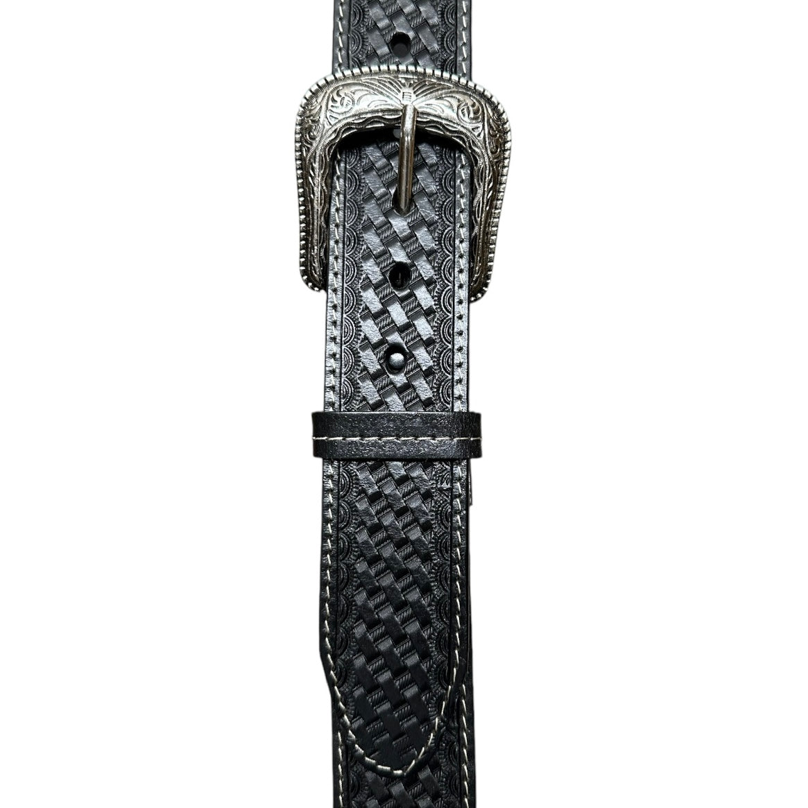 EZ Western Belt Genuine Leather Stitched Made in Mexico Weave Tooled Silver Engraved Buckle