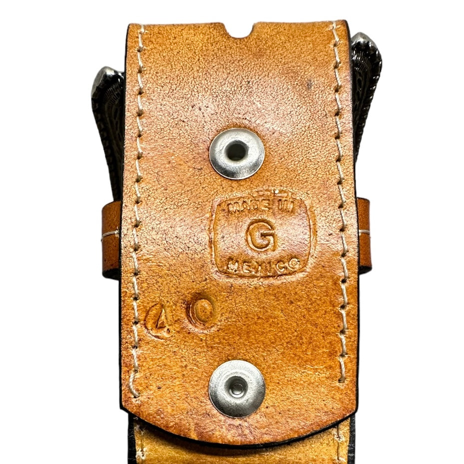 EZ Western Belt Genuine Leather Stitched Made in Mexico Weave Tooled Silver Engraved Buckle